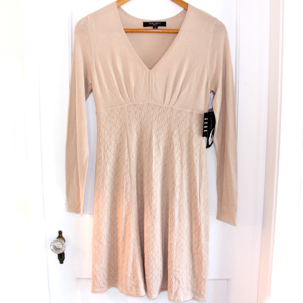 Nine West Dress Eyelet Midi V Neck Long Sleeve NWT